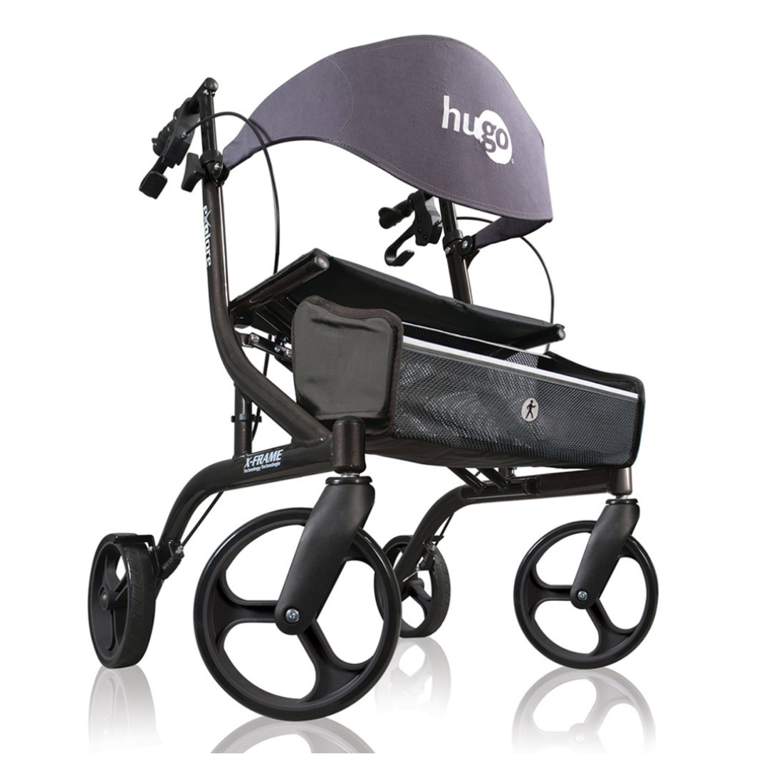 The Drive Hugo eXplore All-Terrain Side-Fold Rollator is a lightweight black mobility aid with large front wheels, mesh storage pouch, and a curved seat back—ideal for comfortable, reliable support on the go.